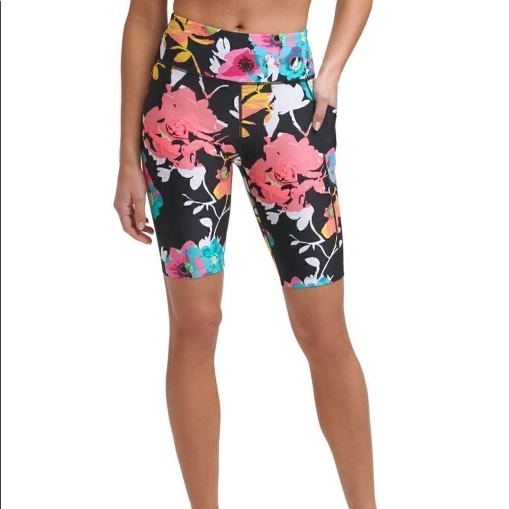 Calvin Klein Performance Black Floral Printed High Waist Bike Shorts XS NWT - Picture 1 of 6